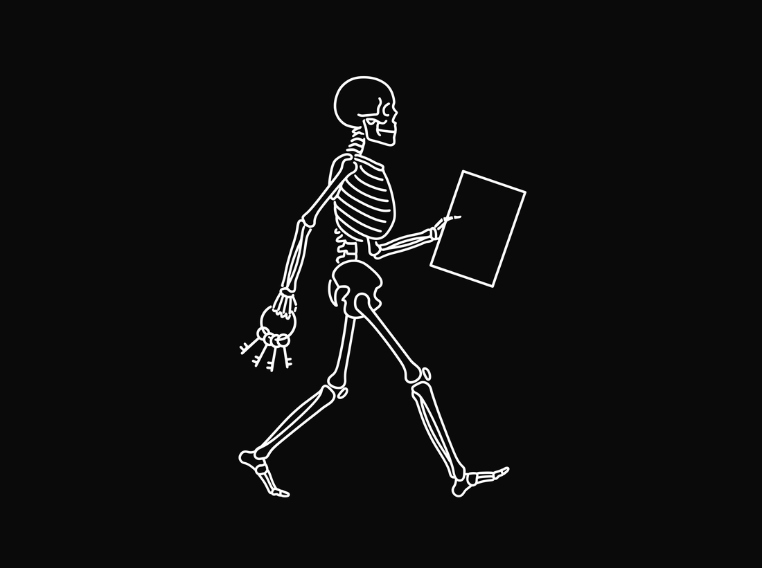 Line drawing of a skeleton walking while holding a blank notice and a ring of keys