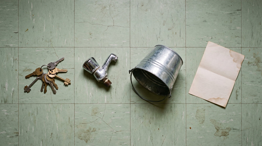 Overhead flat lay of a bunch of keys, a detached tap handle, a dented bucket and a damp stained sheet of paper on cracked vinyl tiles
