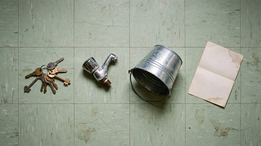 Overhead flat lay of a bunch of keys, a detached tap handle, a dented bucket and a damp stained sheet of paper on cracked vinyl tiles