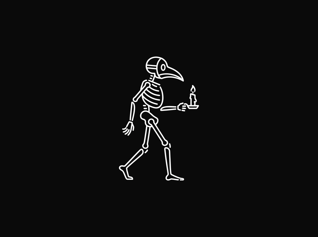 Line drawing of a skeleton in a plague doctor mask walking while carrying a lit candle
