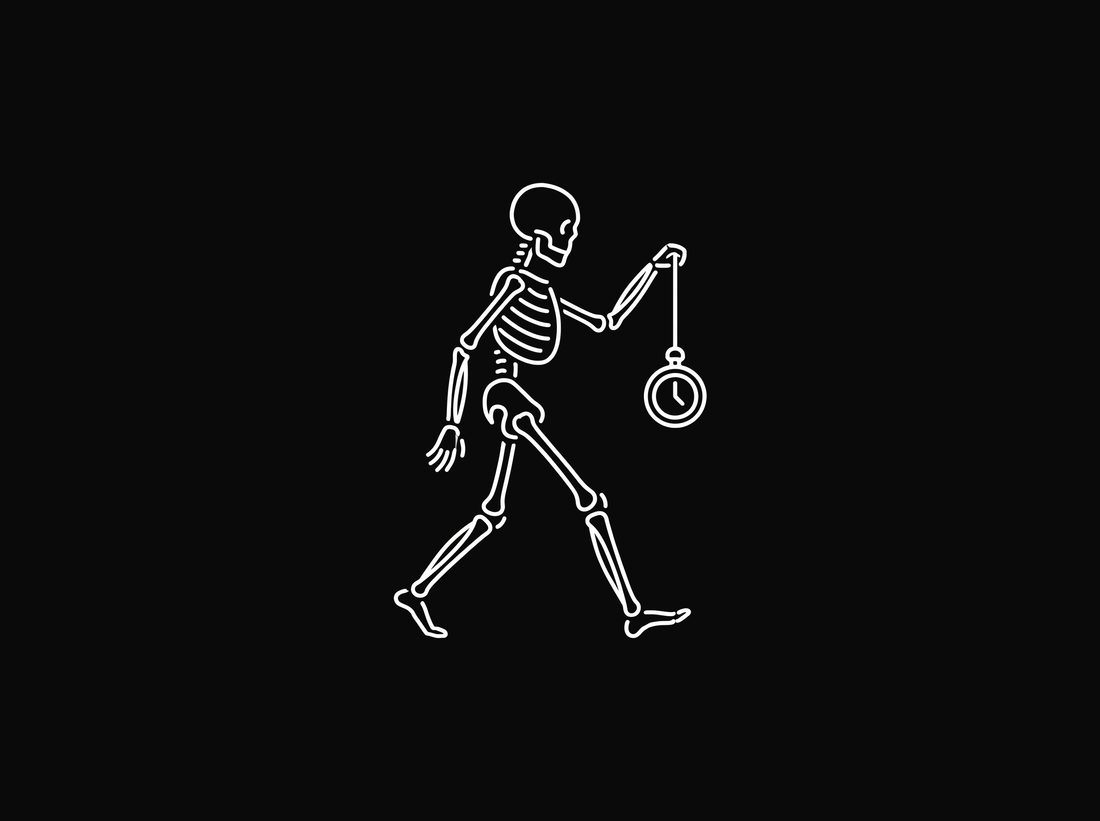 Line drawing of a skeleton walking while holding a pocket watch on its chain