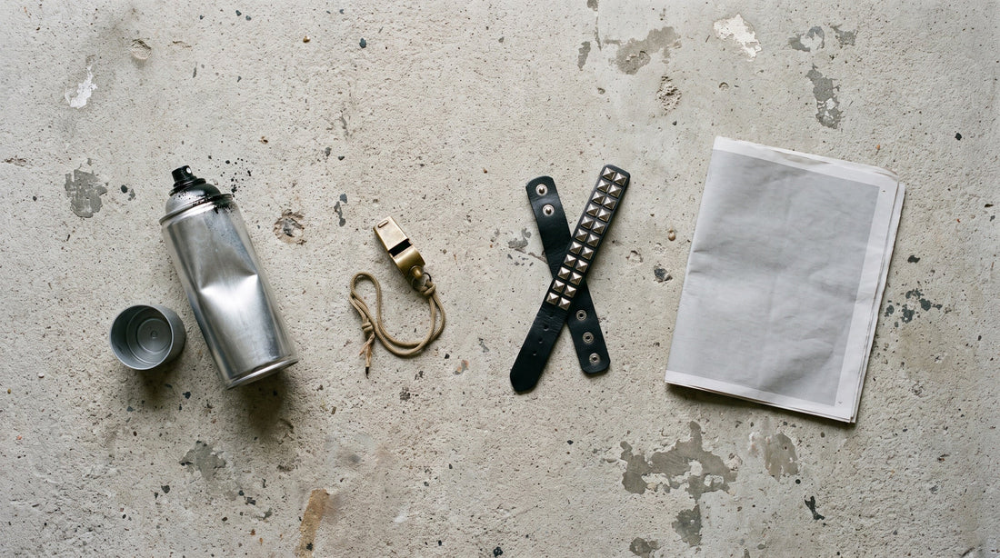 Overhead flat lay of a bare spray can, a brass whistle, a studded leather wristband and a folded blank newspaper on concrete