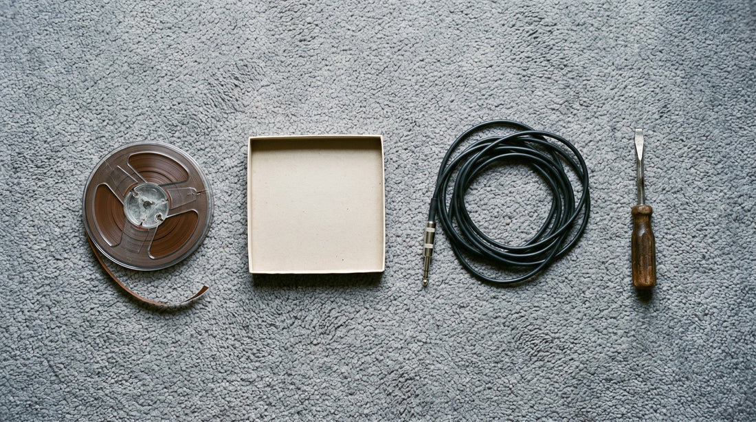 Overhead flat lay of a reel of recording tape, an empty tape box, a coiled jack cable and a screwdriver on studio carpet