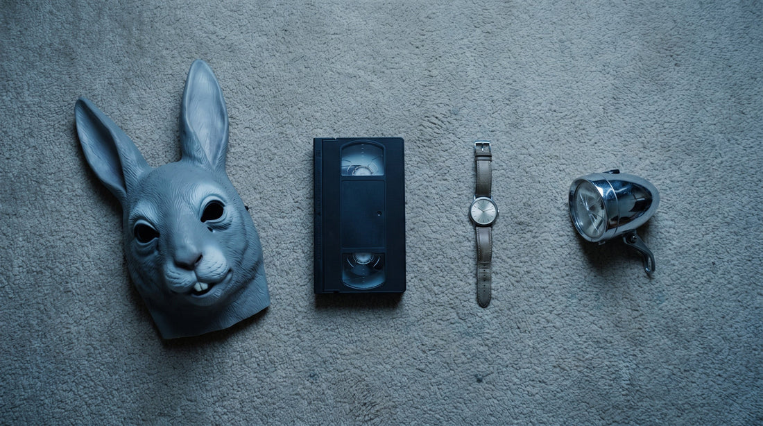 Overhead flat lay of a rabbit mask, a blank VHS cassette, a wristwatch and a cracked bicycle lamp on suburban carpet