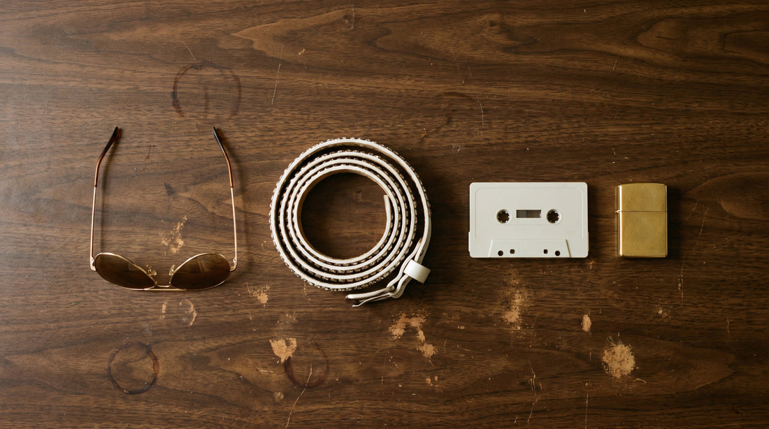 Overhead flat lay of gold aviator sunglasses, a rhinestone studded belt, a blank cassette and a gold lighter on a wood veneer counter