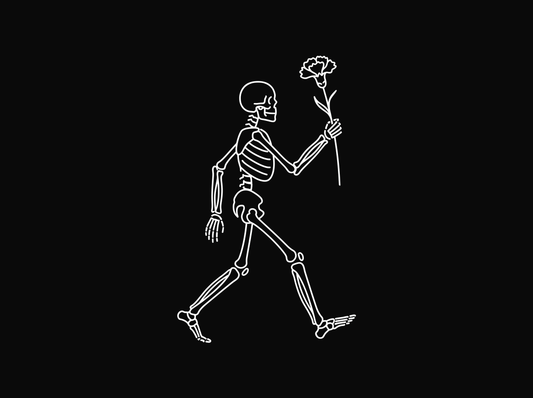 Line drawing of a skeleton walking while holding up a single carnation