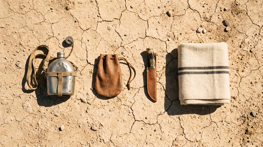 Overhead flat lay of a dented canteen, a leather pouch, a sheathed knife and a folded wool blanket on cracked desert earth