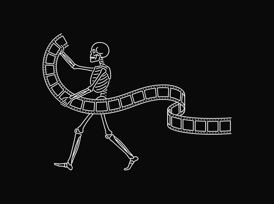 Line drawing of a skeleton walking while holding a long strip of film