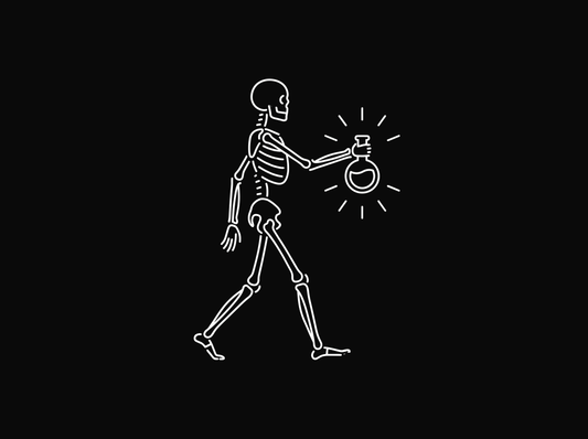 Line drawing of a skeleton walking while holding a glowing laboratory flask