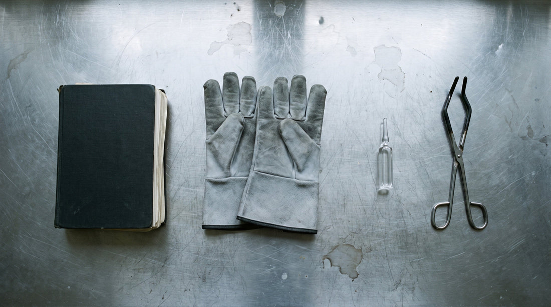 Overhead flat lay of a closed notebook, lead lined gloves, a glass ampoule and steel tongs on a scratched laboratory bench