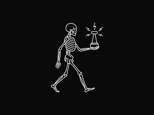 Line drawing of a skeleton walking while holding a tesla coil throwing sparks