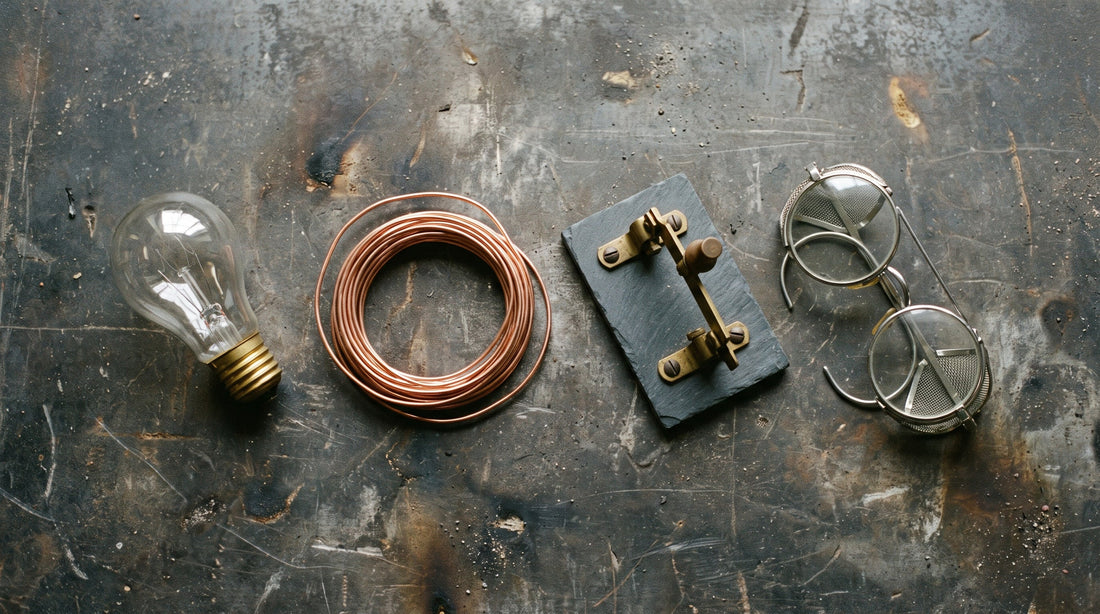 Overhead flat lay of a carbon filament bulb, a coil of copper wire, a brass knife switch and a pair of lab goggles on a zinc workbench
