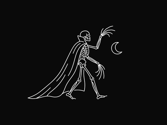 Line drawing of a caped skeleton walking with long clawed fingers raised beneath a crescent moon