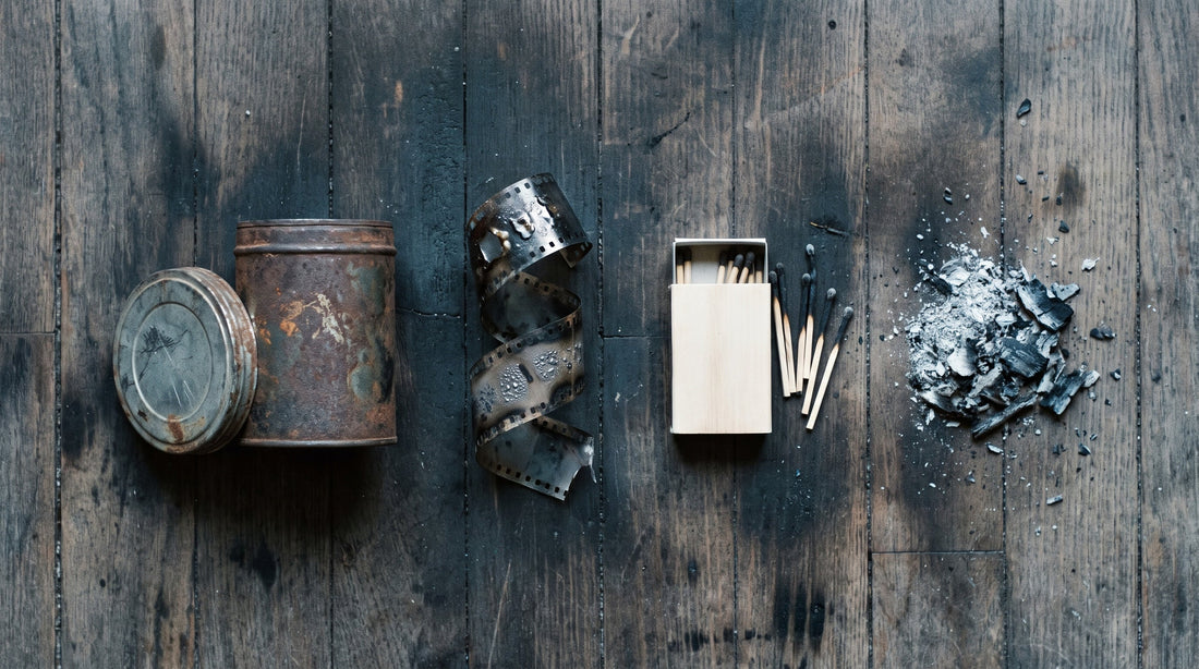 Overhead flat lay of a rusted film canister, a burnt strip of film, a box of matches and a heap of ash on scorched floorboards