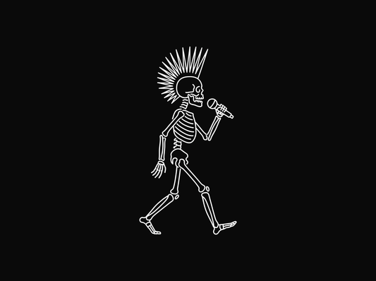 Line drawing of a skeleton with spiked backcombed hair walking while singing into a microphone