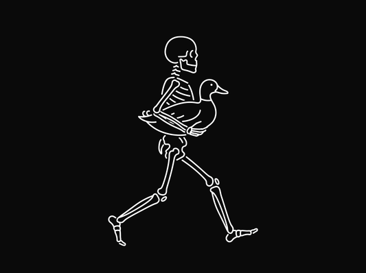 Line drawing of a skeleton walking with a duck tucked under one arm
