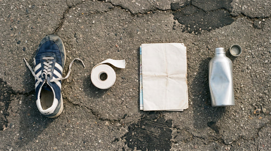 Overhead flat lay of a worn navy running shoe, a roll of athletic tape, a folded sheet of paper and a dented canteen on asphalt