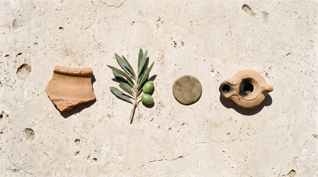 Overhead flat lay of a pottery shard, an olive branch, a worn bronze coin and a clay oil lamp on a limestone slab