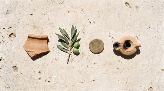 Overhead flat lay of a pottery shard, an olive branch, a worn bronze coin and a clay oil lamp on a limestone slab
