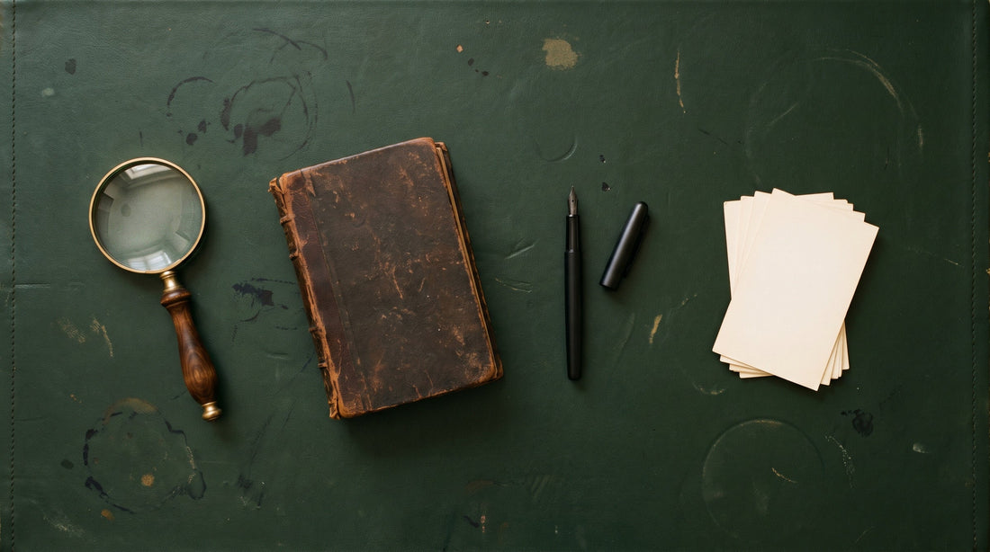 Overhead flat lay of a magnifying glass, a book lying face down, a fountain pen and blank index cards on a green leather blotter