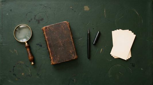 Overhead flat lay of a magnifying glass, a book lying face down, a fountain pen and blank index cards on a green leather blotter