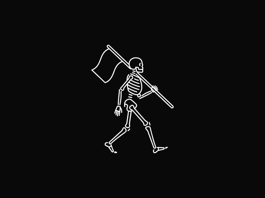 Line drawing of a skeleton walking while carrying a plain flag over its shoulder