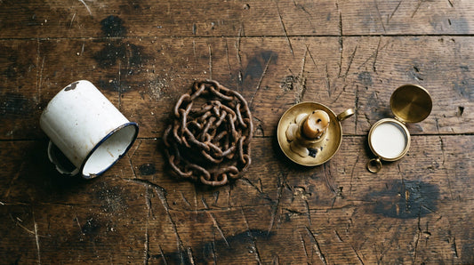 Overhead flat lay of an enamel tin cup, a coil of iron chain, a candle stub and a brass compass on a gouged wooden table