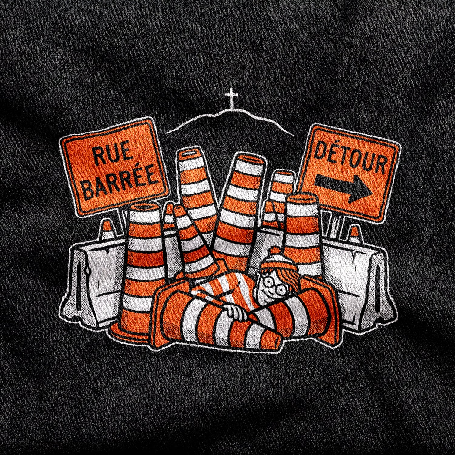 Waldo in Montreal design printed on a black cotton tee, close-up