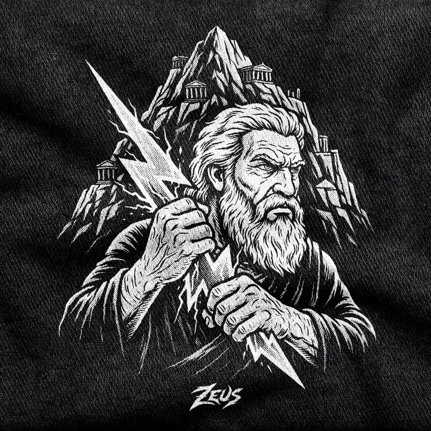 Zeus design printed on a black cotton tee, close-up