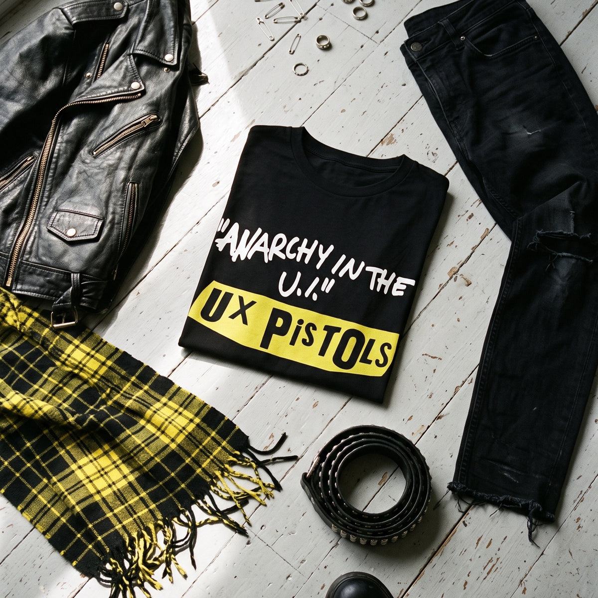 UX Pistols black graphic tee styled in a flat lay with matching pieces