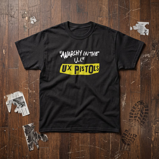 UX Pistols black graphic tee, styled flat lay