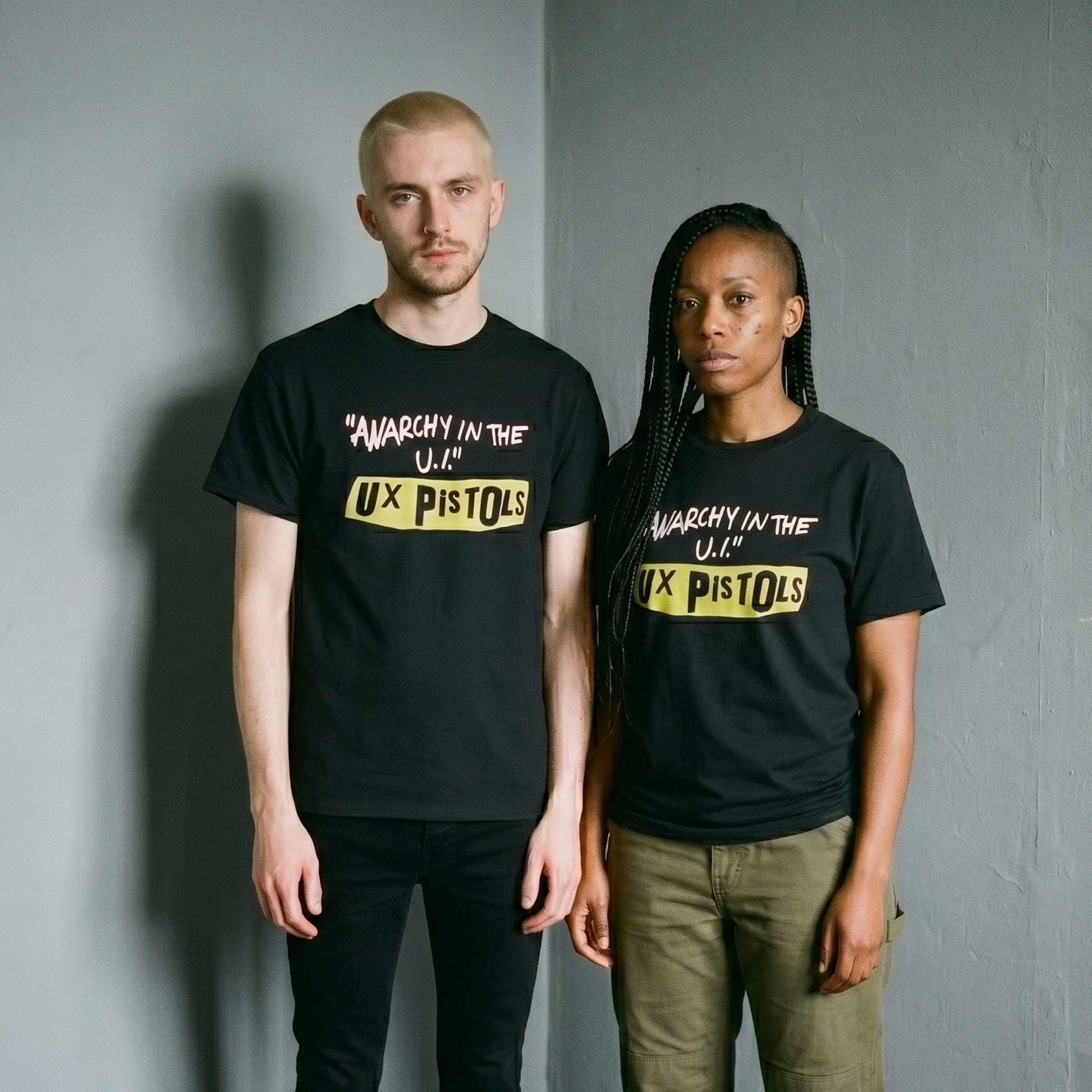 Two models wearing the UX Pistols black graphic tee