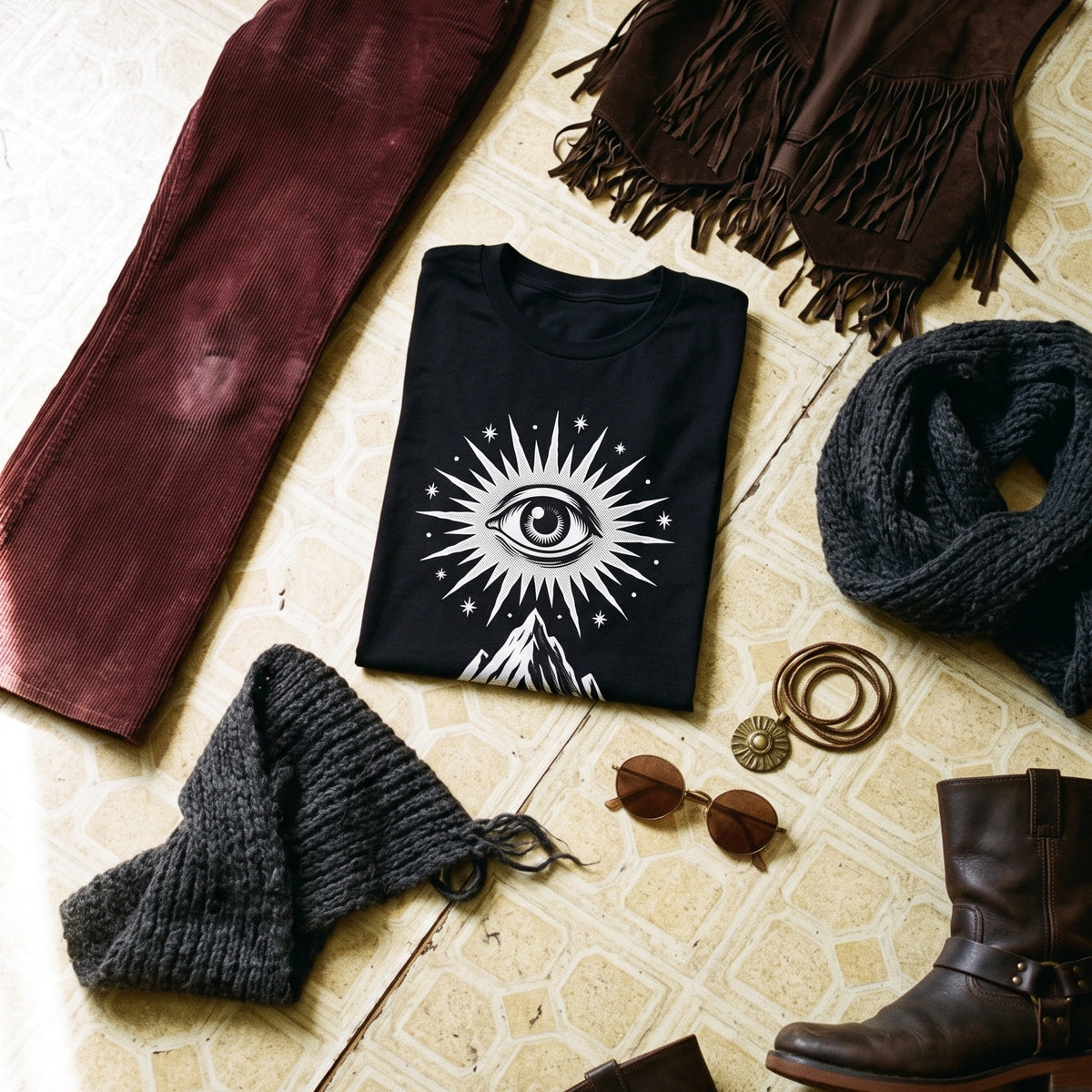 Amon Düül II black graphic tee styled in a flat lay with matching pieces