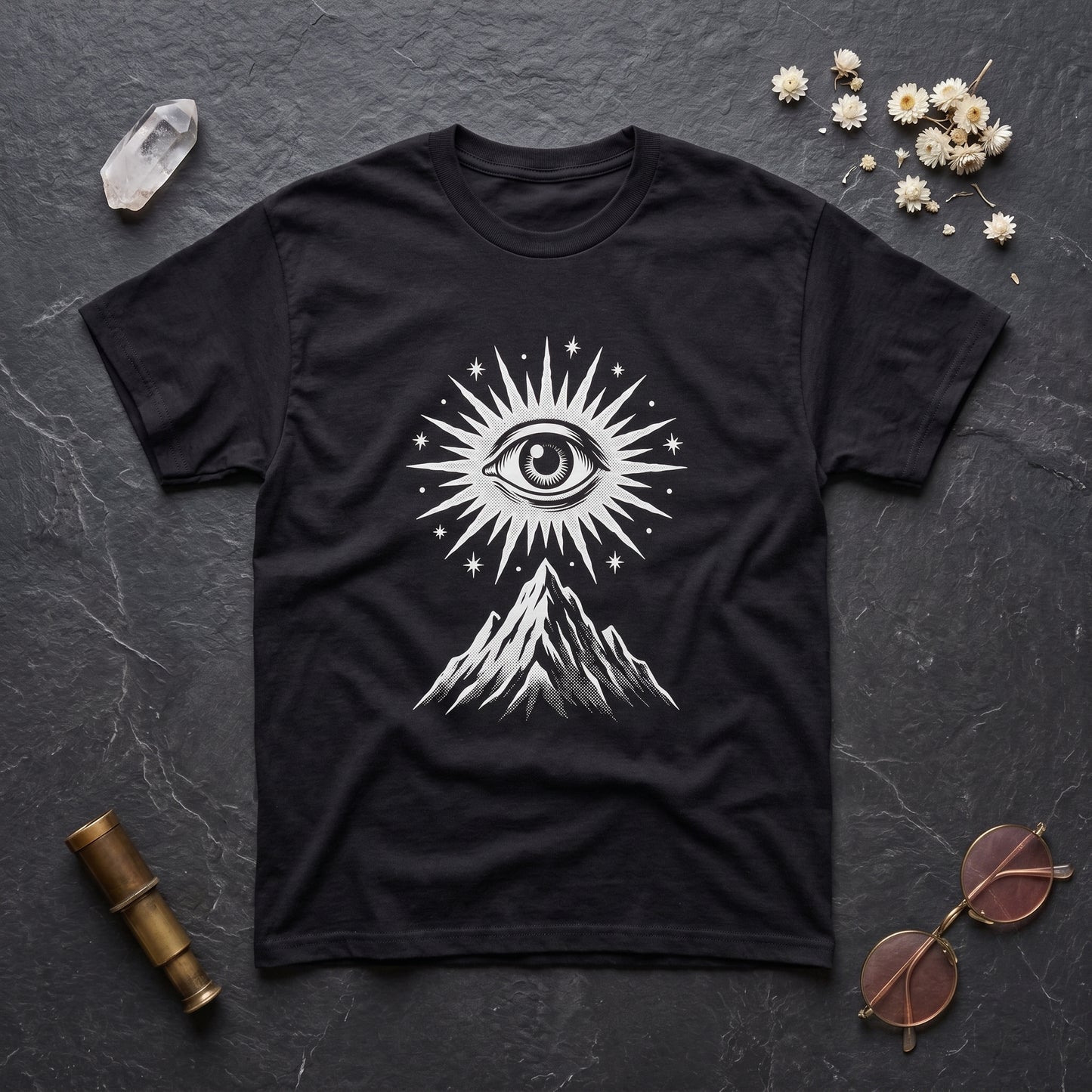 Amon Düül II black graphic tee, styled flat lay