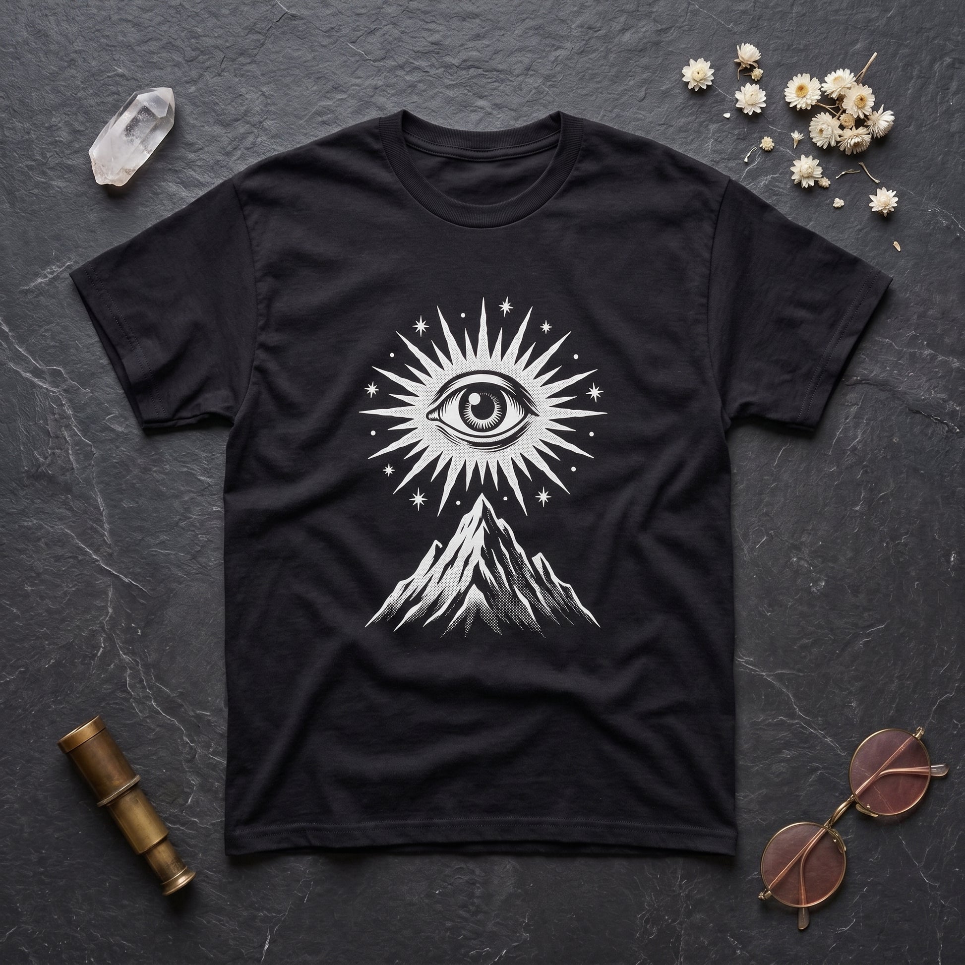 Amon Düül II black graphic tee, styled flat lay