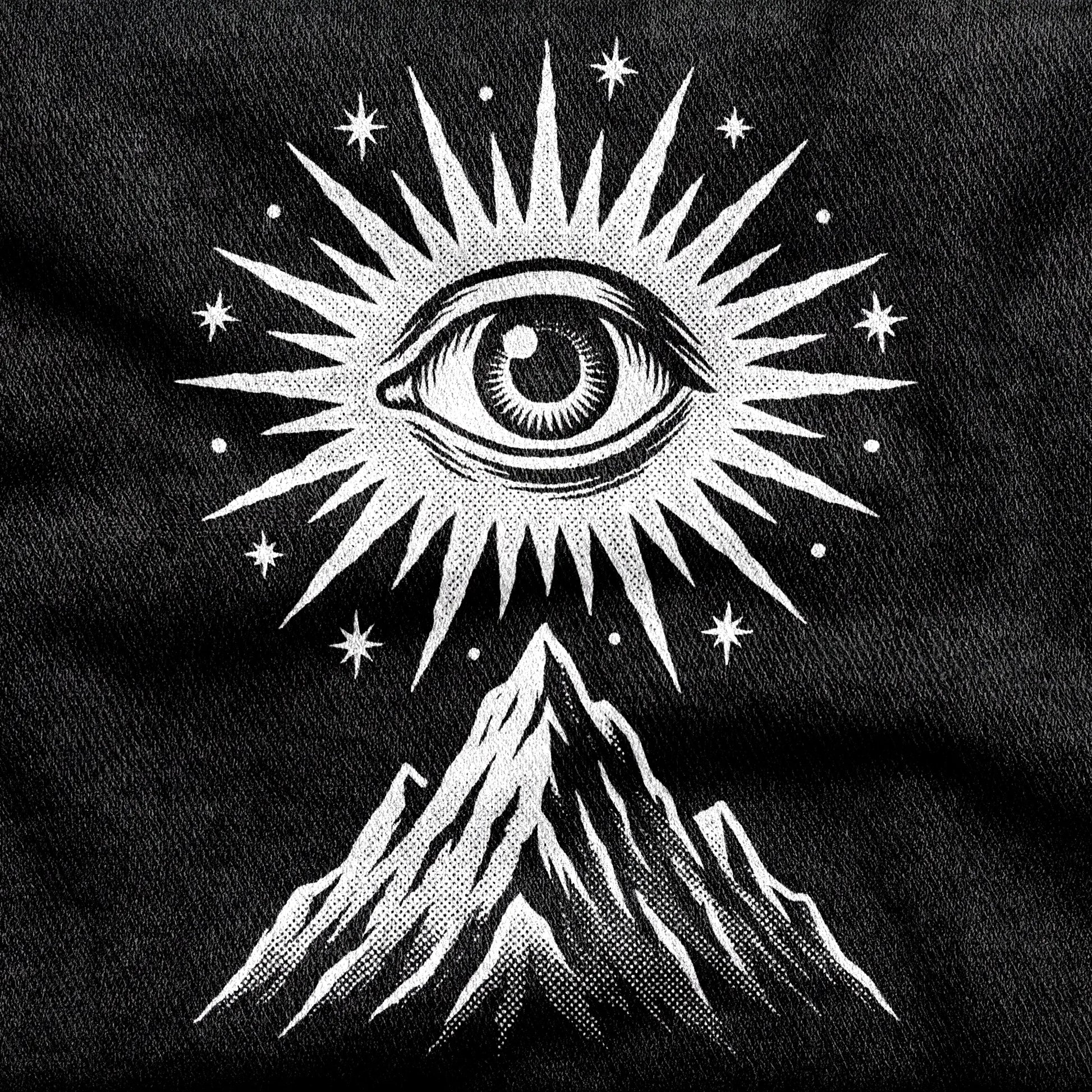 Amon Düül II design printed on a black cotton tee, close-up