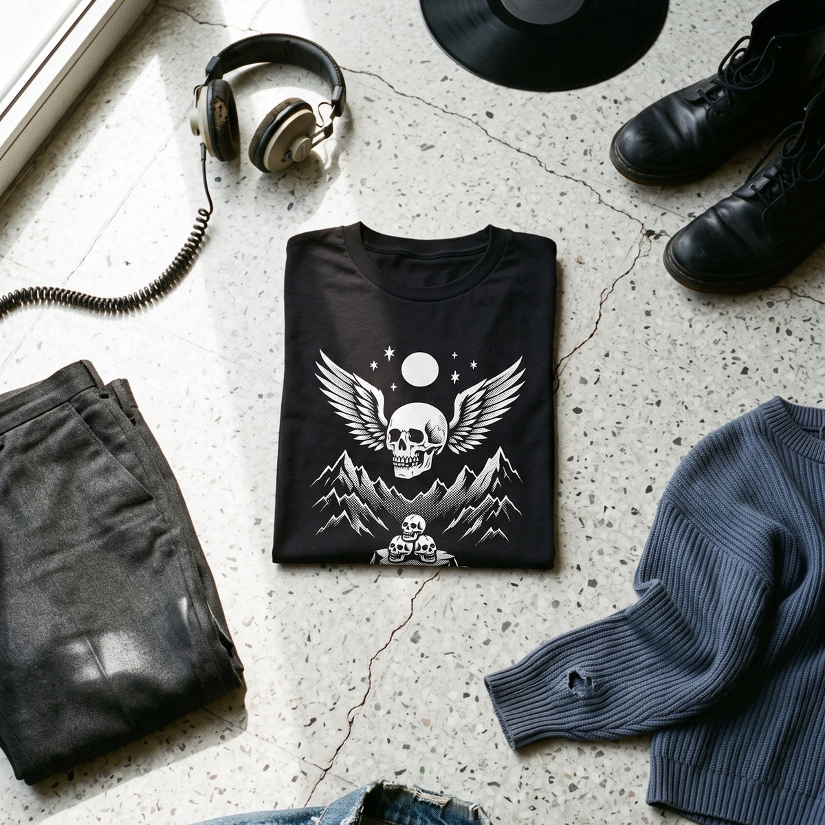 Bachdenkel black graphic tee styled in a flat lay with matching pieces