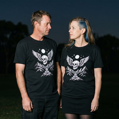 Two models wearing the Bachdenkel black graphic tee
