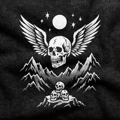 Bachdenkel design printed on a black cotton tee, close-up