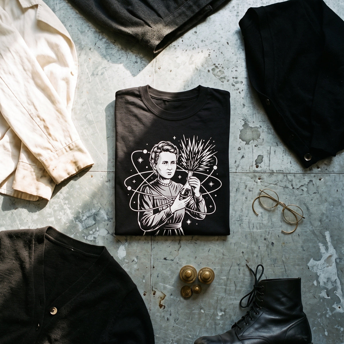 Breaking Atoms Marie Curie black graphic tee styled in a flat lay with matching pieces