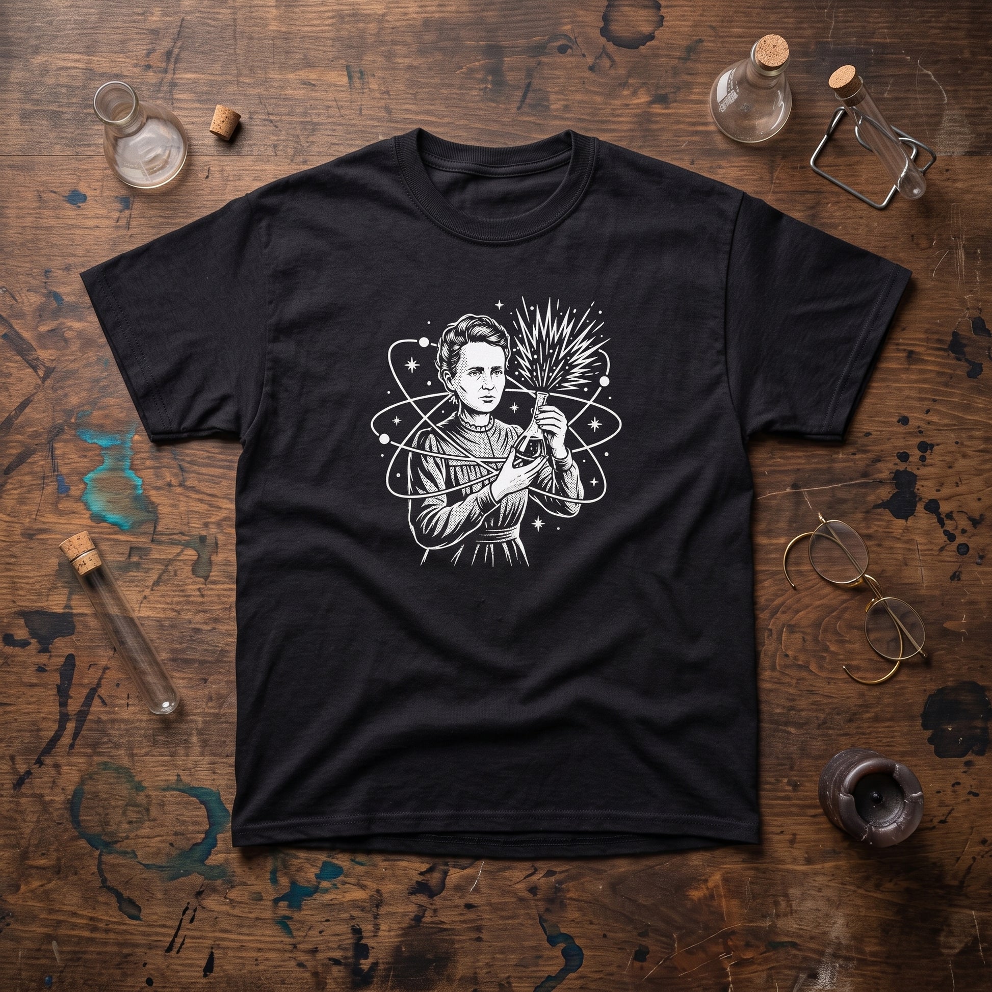 Breaking Atoms Marie Curie black graphic tee, styled flat lay