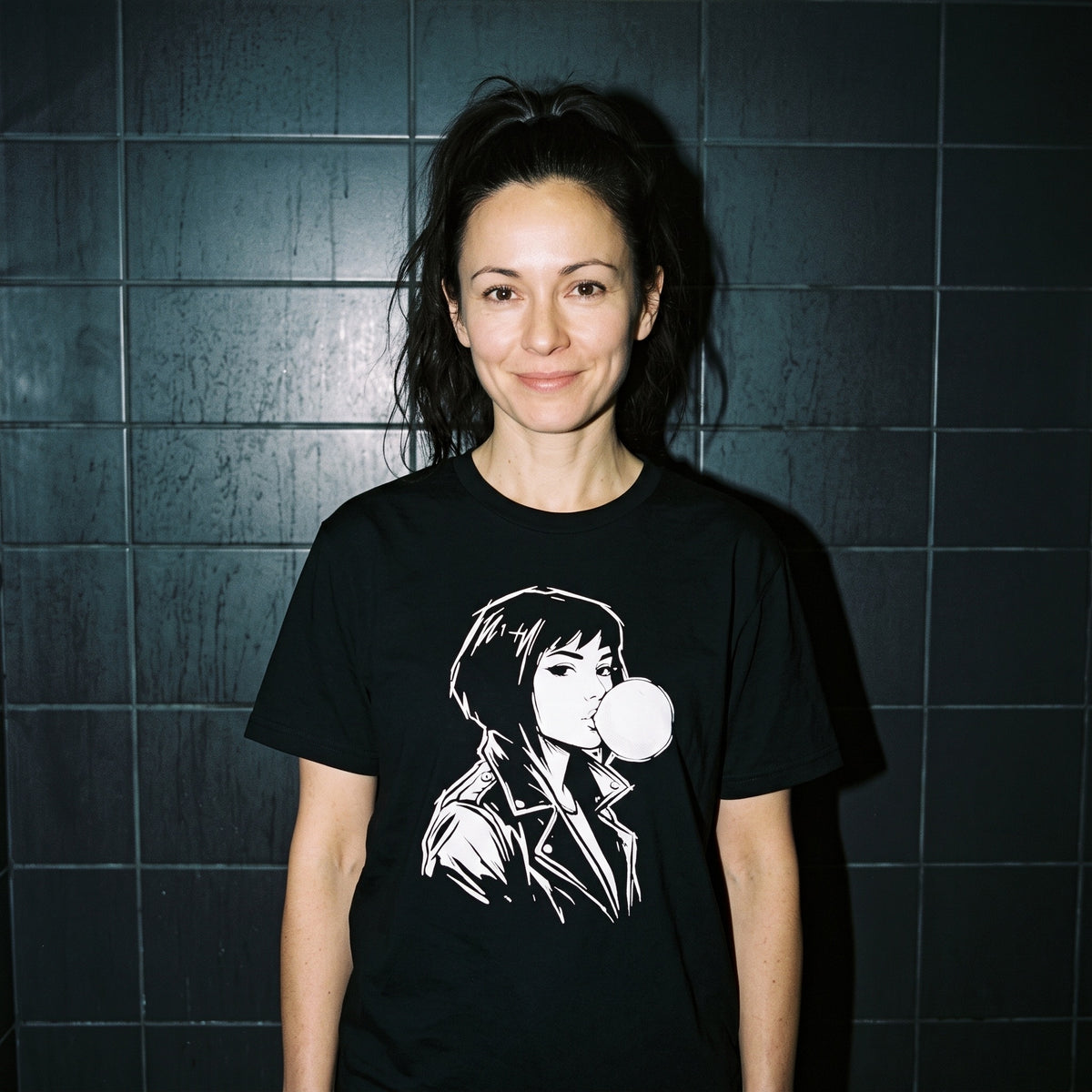 Woman wearing the Bubbly Lass black graphic tee