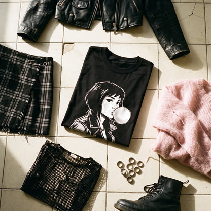 Bubbly Lass black graphic tee styled in a flat lay with matching pieces