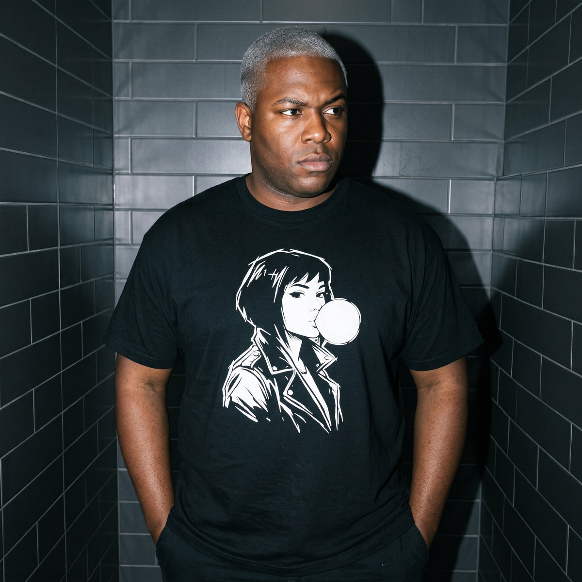 Man wearing the Bubbly Lass black graphic tee