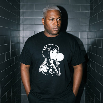 Man wearing the Bubbly Lass black graphic tee