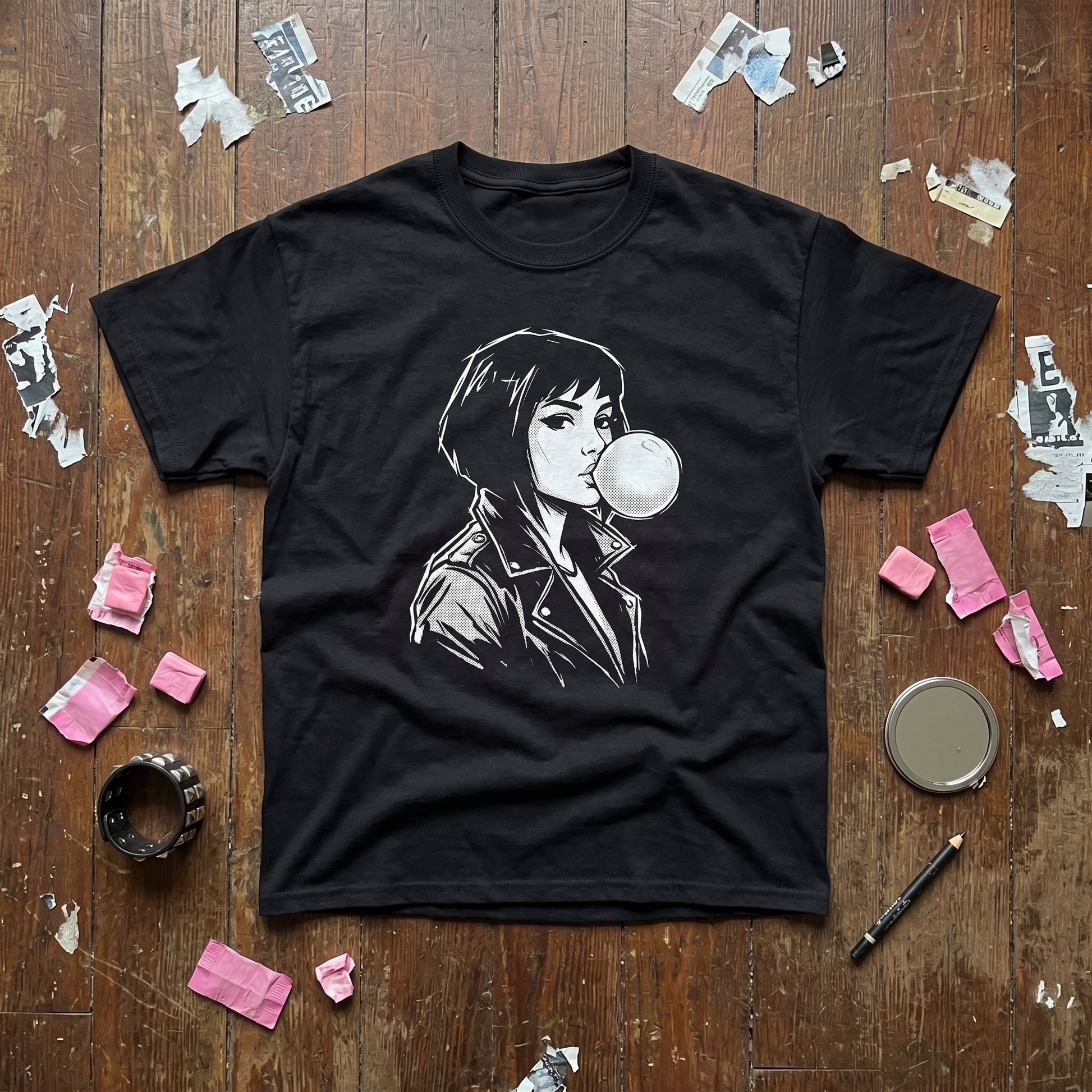 Bubbly Lass black graphic tee, styled flat lay