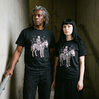 Two models wearing the Death black graphic tee