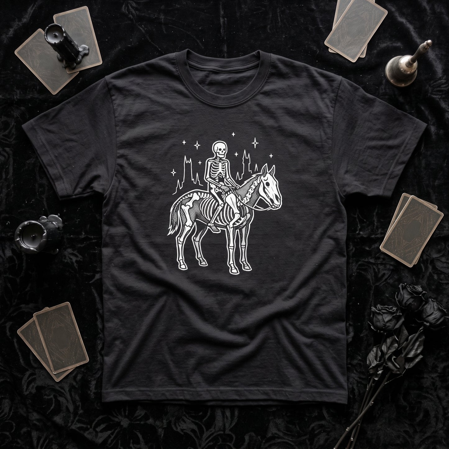 Death black graphic tee, styled flat lay