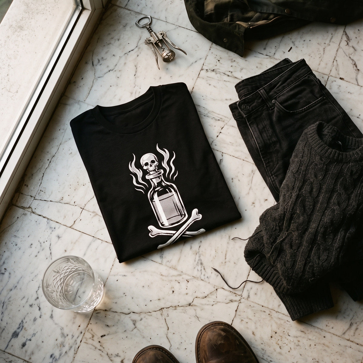 Drink Your Poison black graphic tee styled in a flat lay with matching pieces