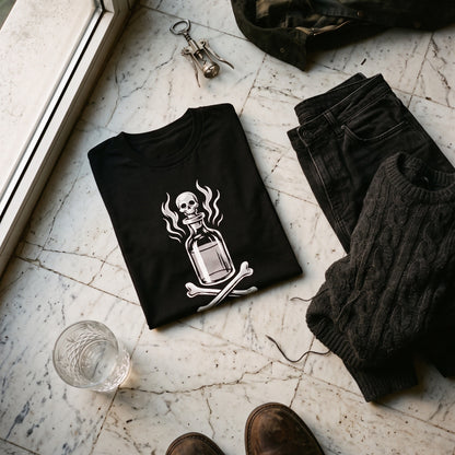 Drink Your Poison black graphic tee styled in a flat lay with matching pieces